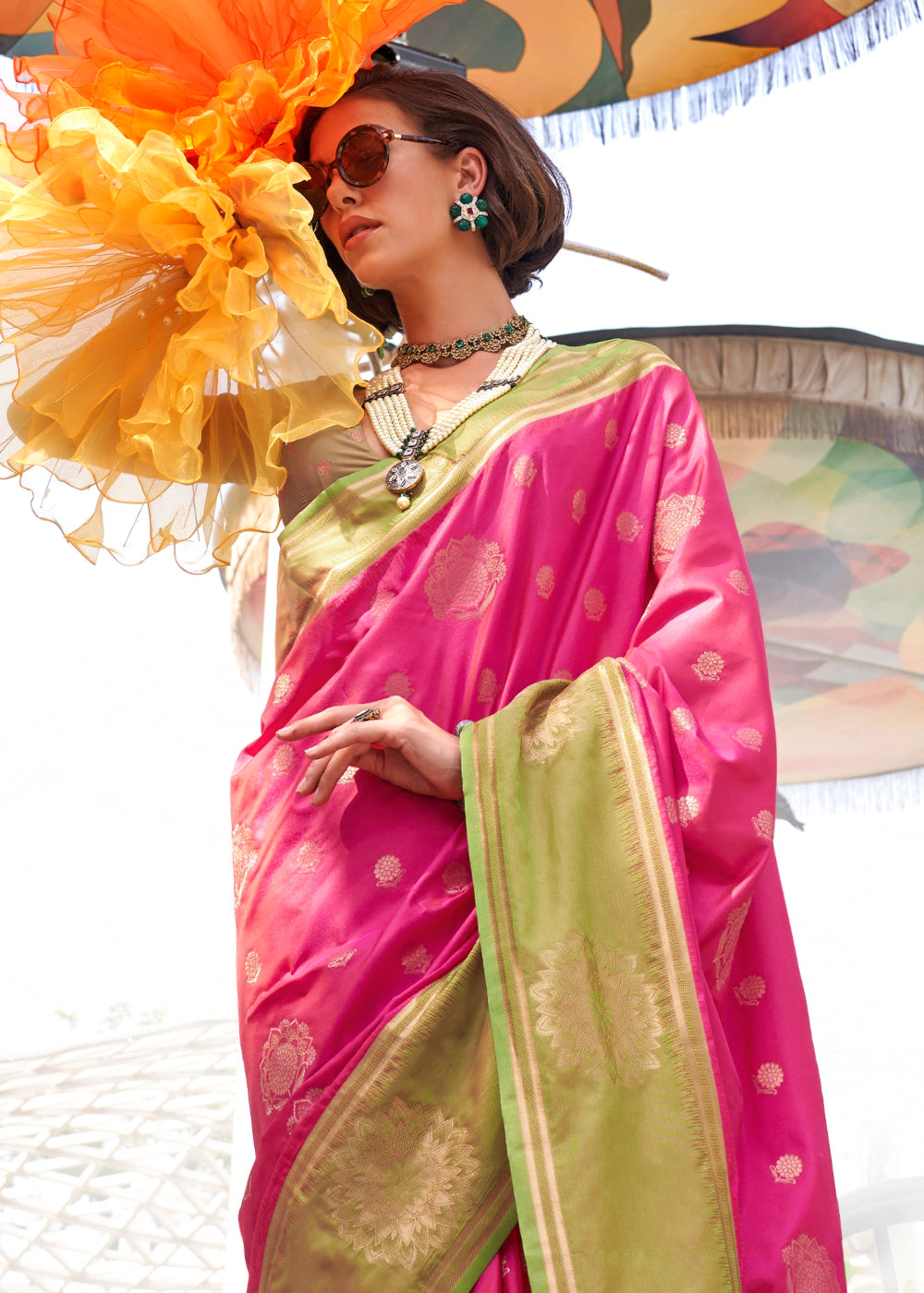 Pink & Green Handloom Woven katan Silk Saree