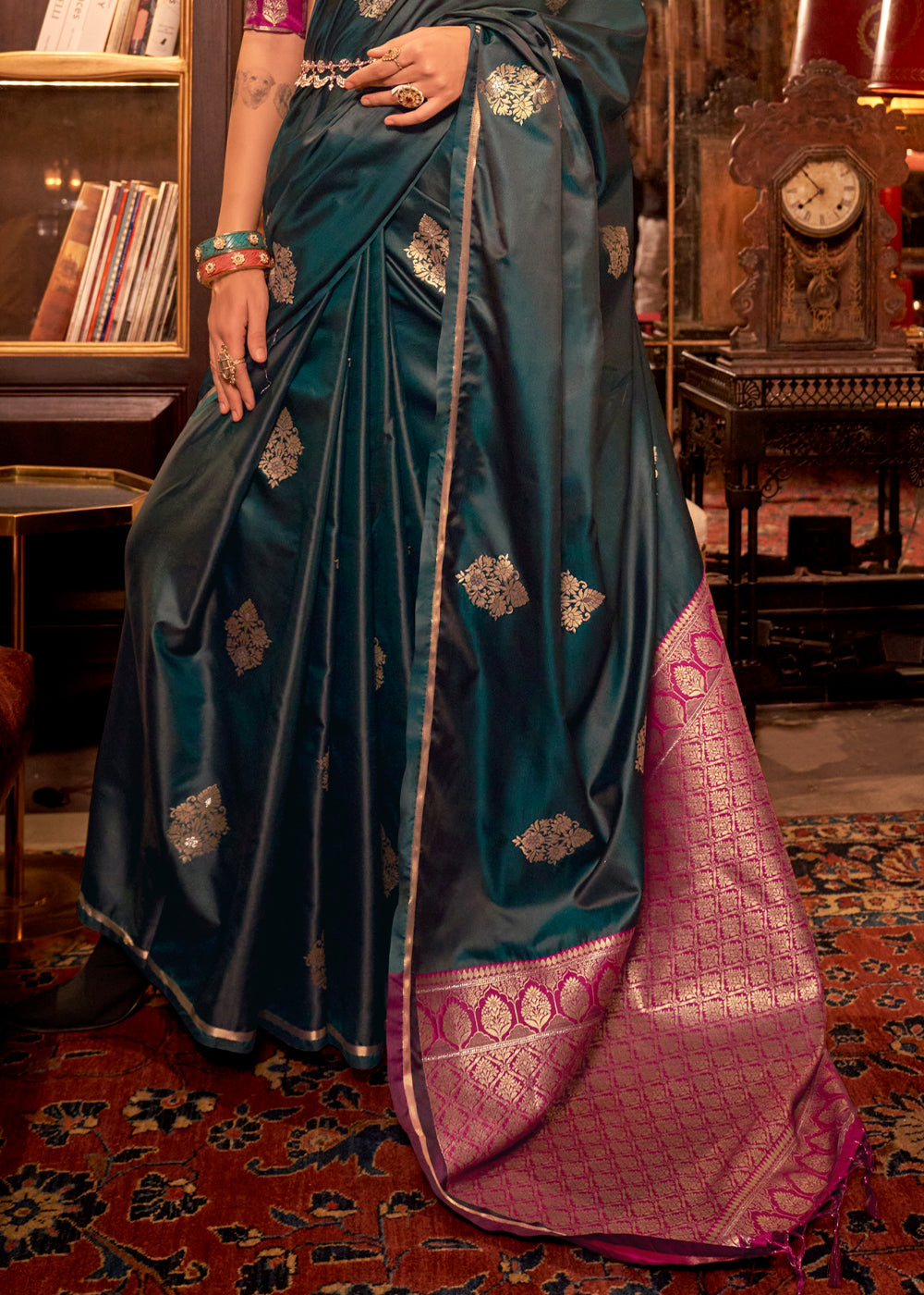 Charleston Green Two Tone Satin Silk Saree with Contrast Pallu & Blouse