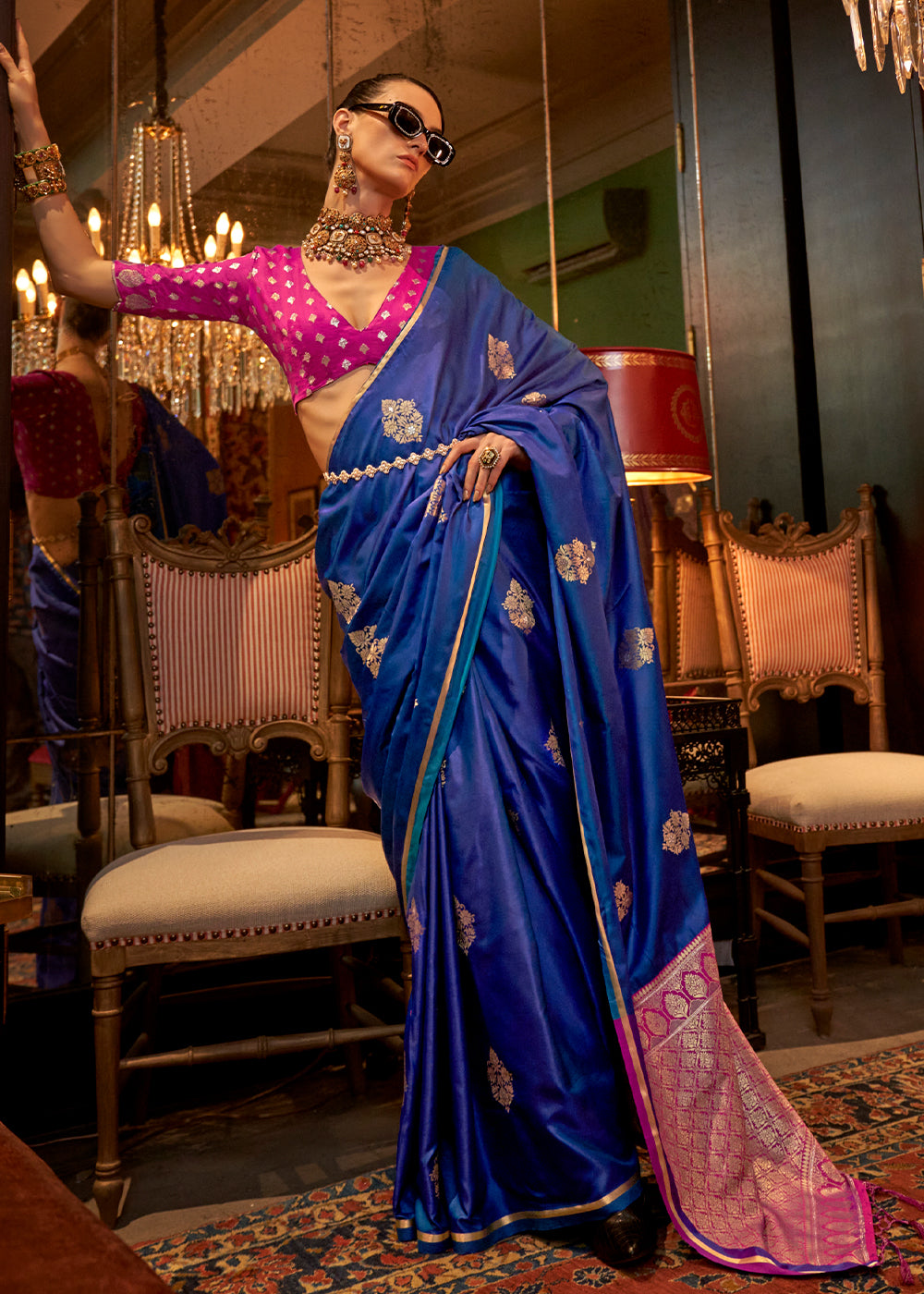 Azure Blue Two Tone Satin Silk Saree with Contrast Pallu & Blouse