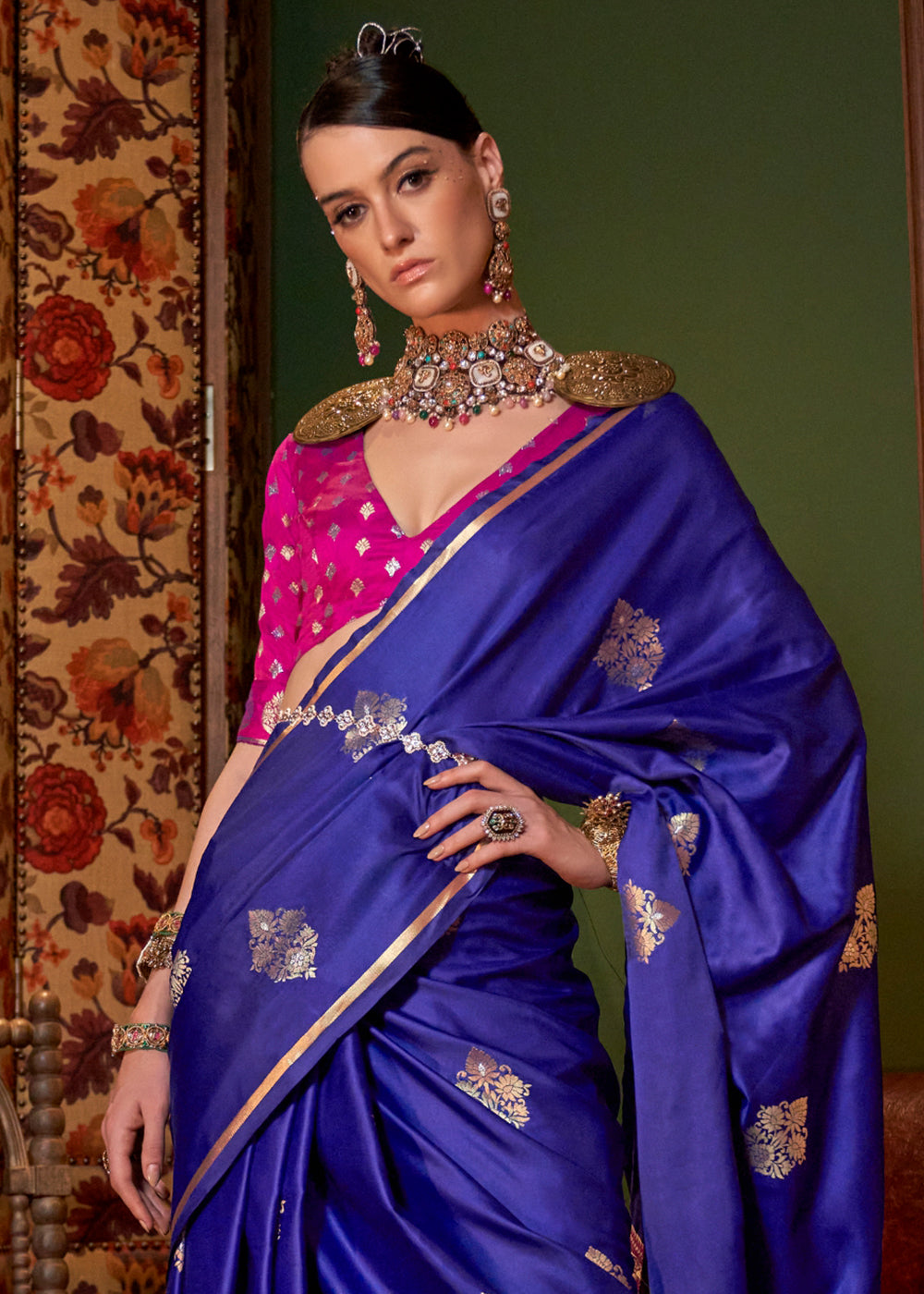 Admiral Blue Two Tone Satin Silk Saree with Contrast Pallu & Blouse