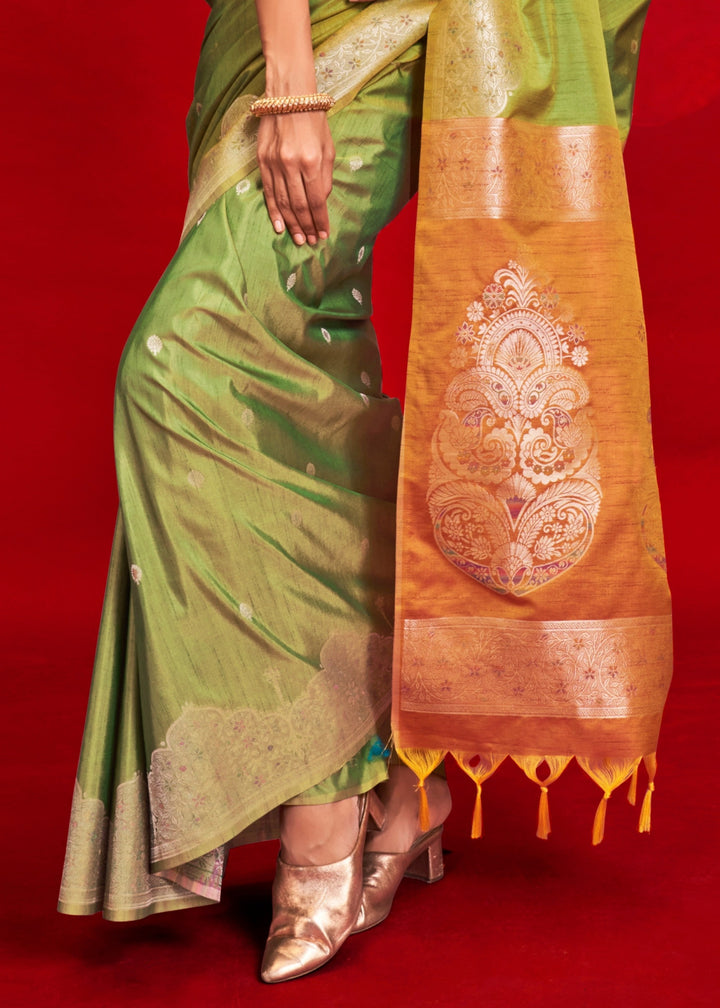 Green Tussar Silk Handloom Weaving Saree with Contrast Ikkat Pallu