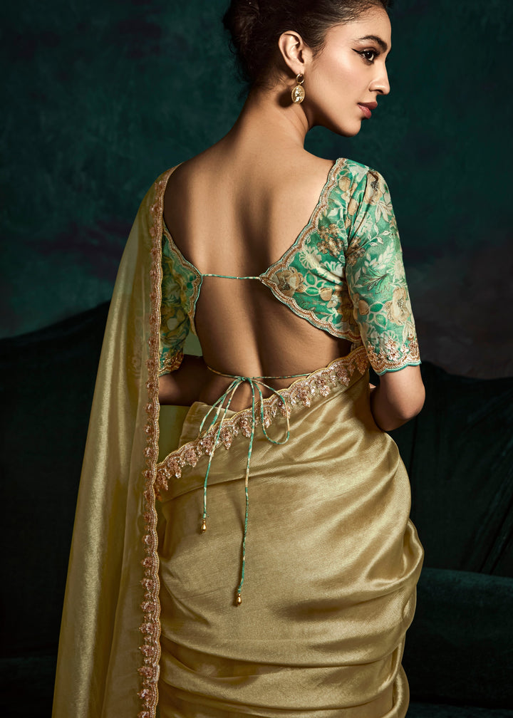 Golden Fancy Fabric Silk Saree With Sequins And Thread Embroidered Butti Work