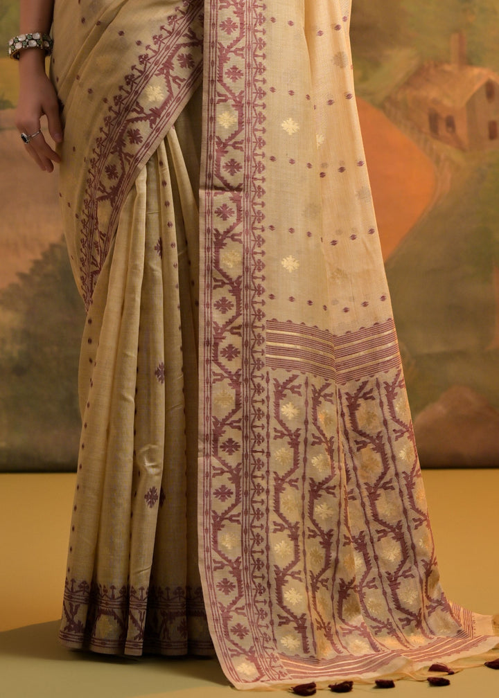 Tan Brown Thread Woven Cotton Saree With All Over Butti