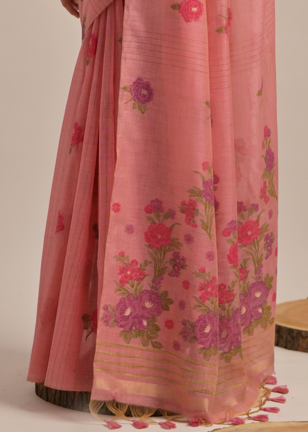 Coral Pink Thread Woven Cotton Saree With Contrast Blouse