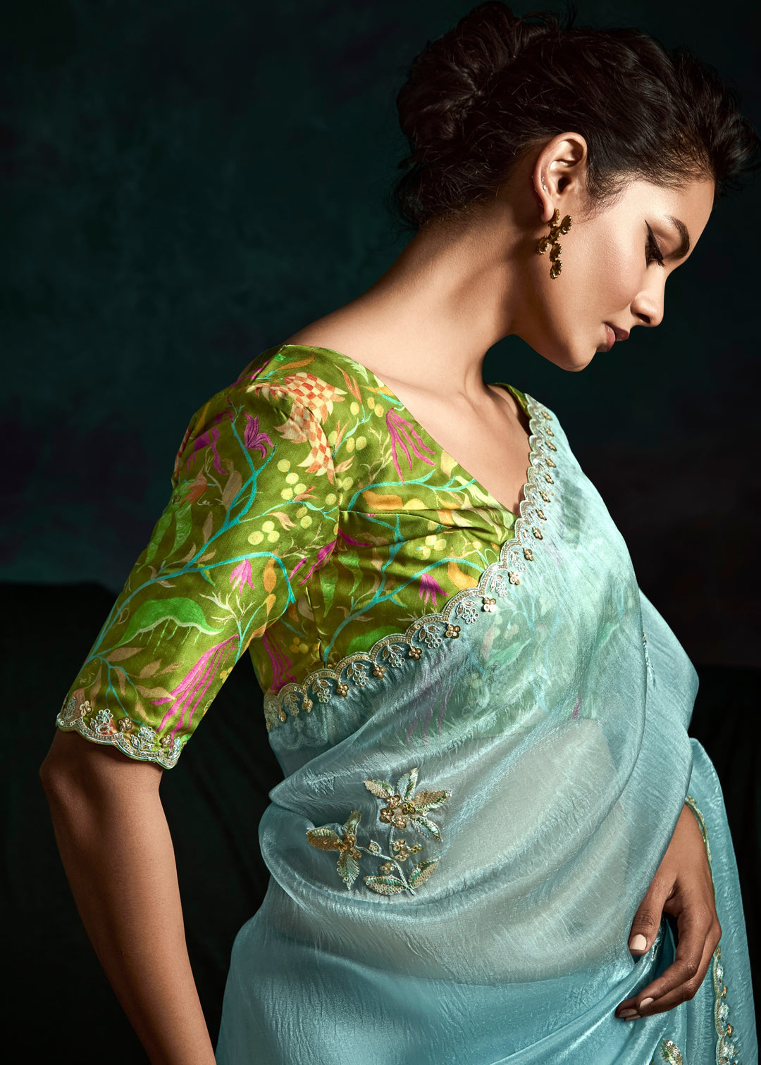 Aqua Blue Fancy Fabric Silk Saree With Sequins And Thread Embroidered Butti Work