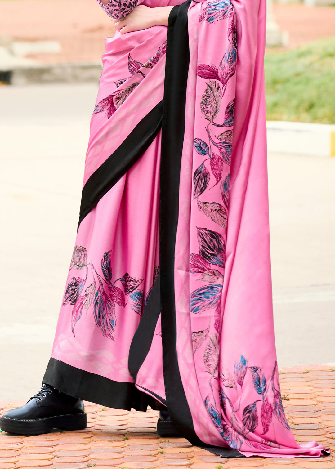 Taffy Pink  Printed Satin Silk Saree