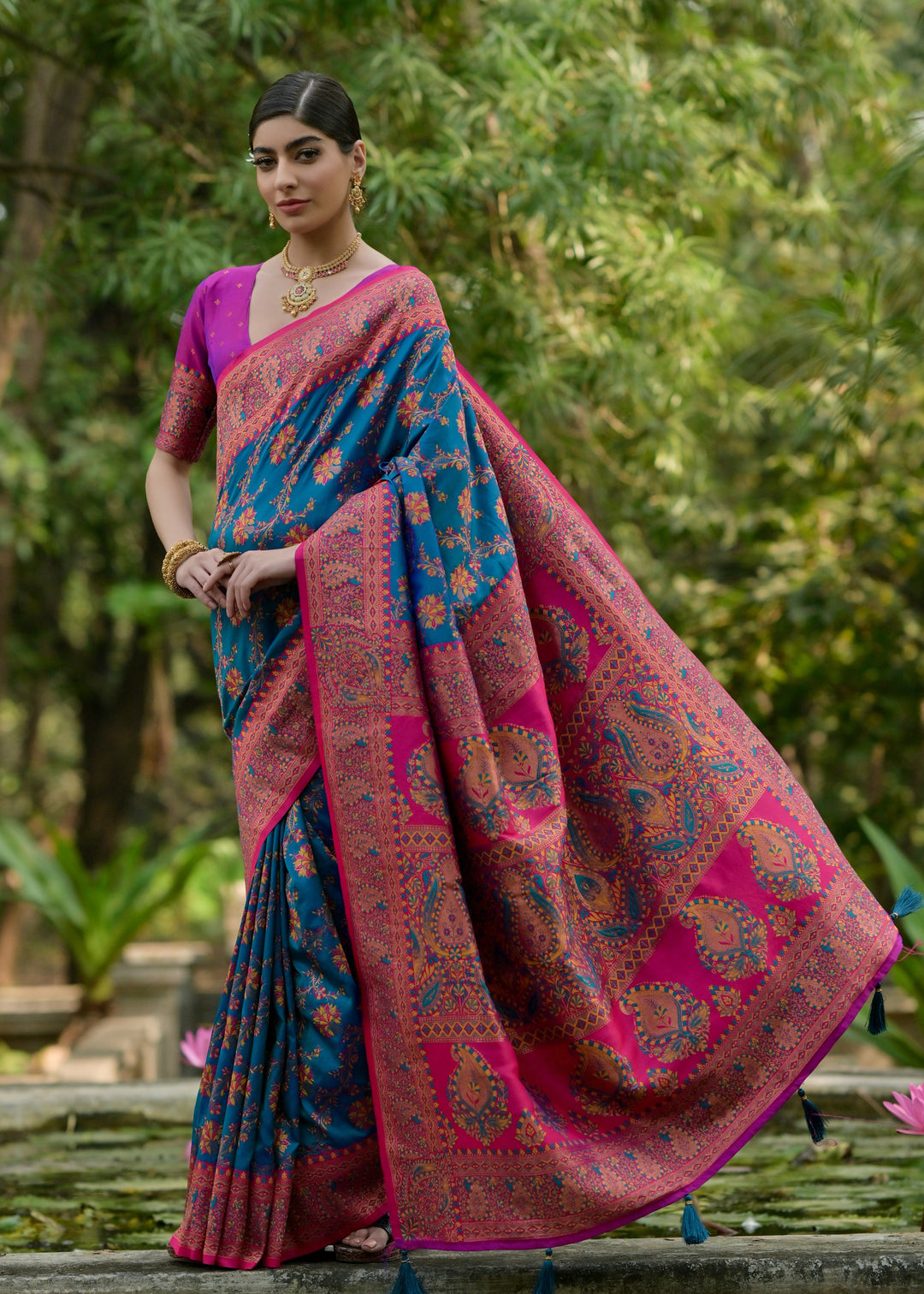 Aegean Blue Thread Woven Pashmina Silk Saree With Heavy Thread Woven Pallu