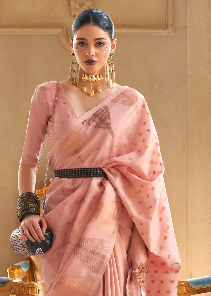 Pastel Pink Tissue and Khicha Zari Handloom Weaving Silk Saree