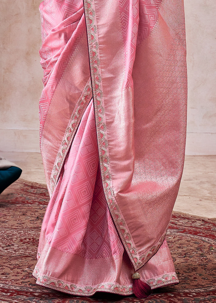 Blush Pink Satin Silk Saree With Heavy Embroidery Lace & Blouse