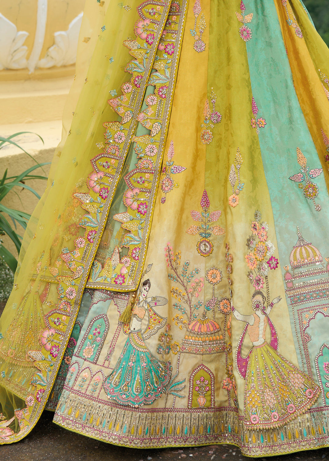 Lime Green Banarasi Silk Lehenga With Heavy Embroidery Work