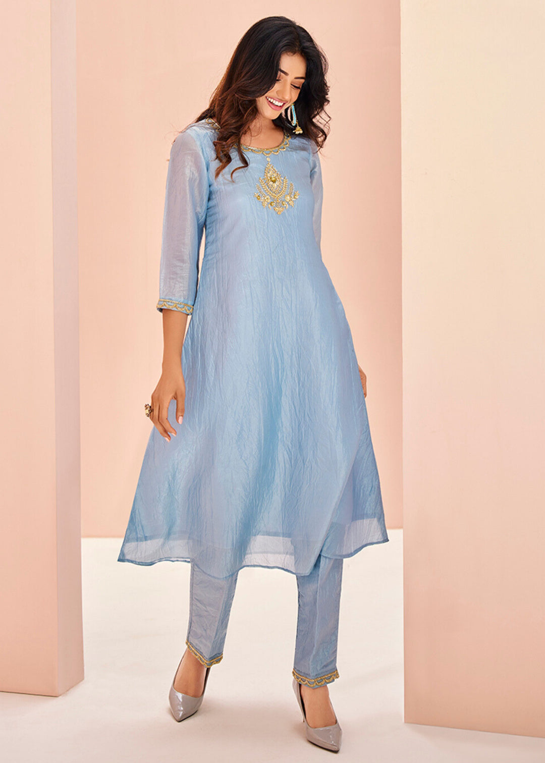 Pastel Blue Organza Handwork Kurta with Pant