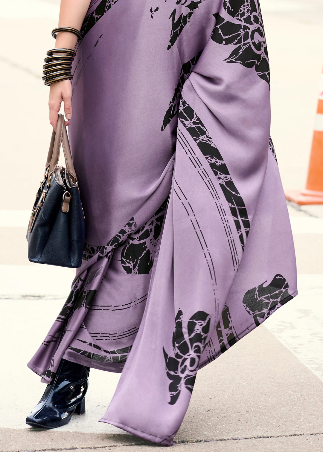 Perwinkle Purple Printed Satin Silk Saree