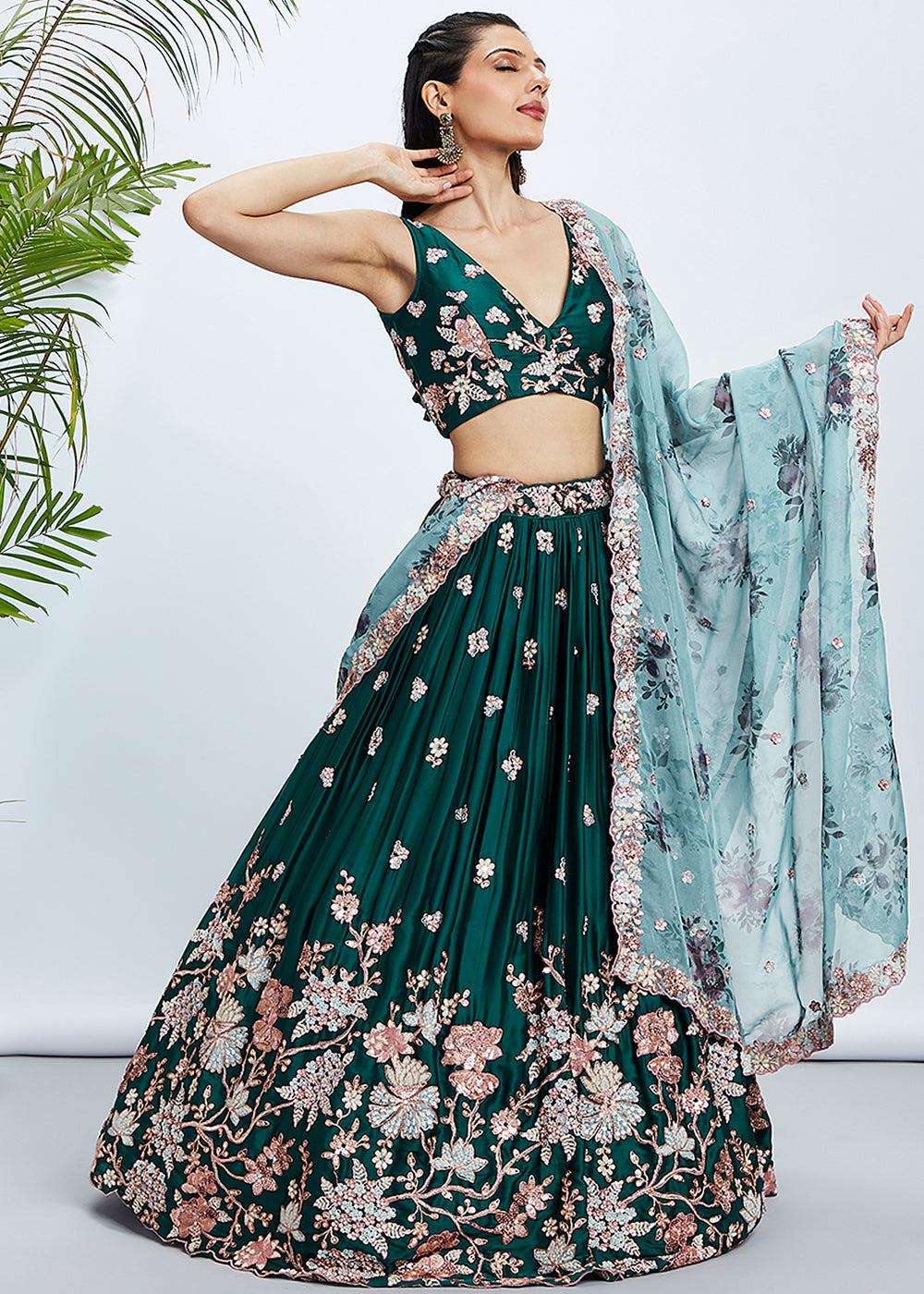 Dark Green Georgette Lehenga Choli with Sequins & Thread Embroidery work