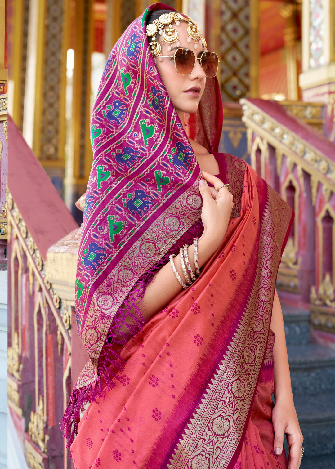 Brink PInk Tusser Handloom Silk Saree With Zari Weaving Border & Patola Weaved Pallu