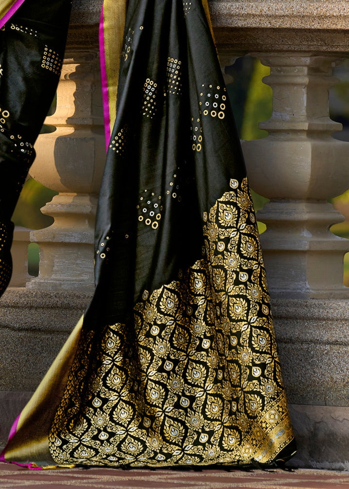 Black Handloom Weaving Satin Silk Saree