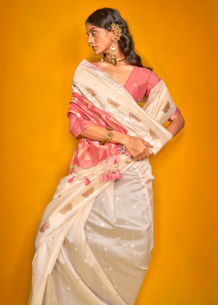 Off-White Tussar Handloom Weaving Silk Saree