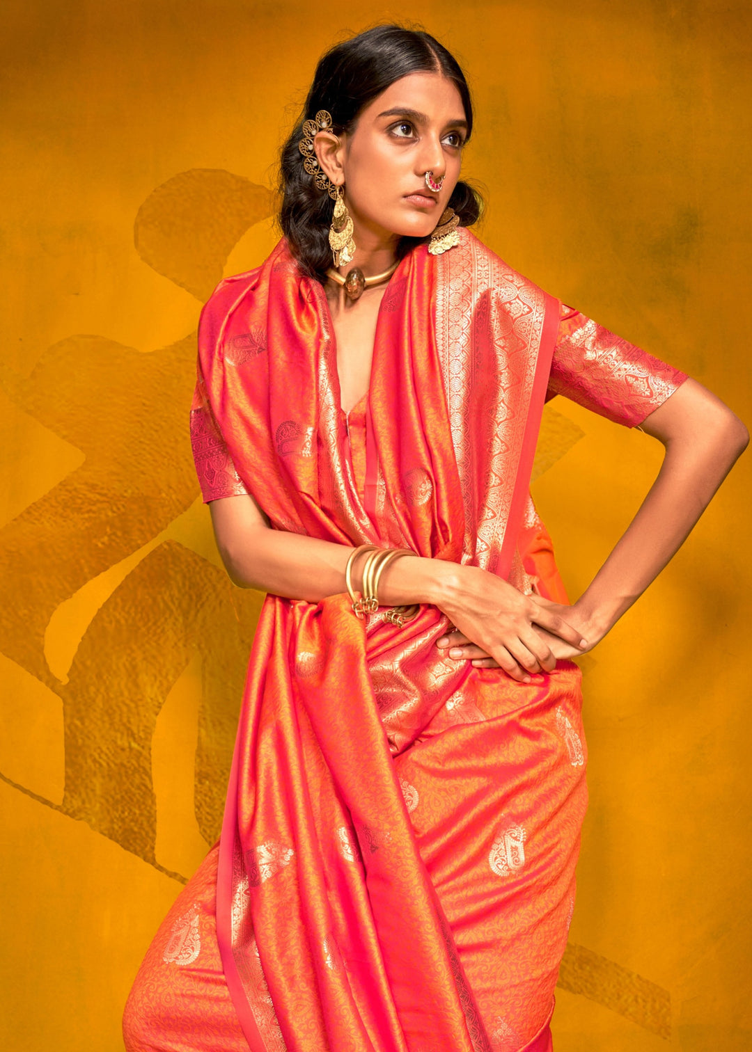 Carrot Orange Two Tone Handloom Weaving Silk Saree