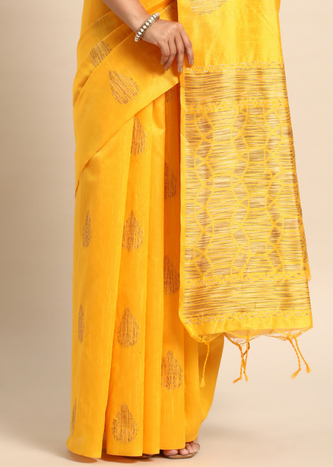 Golden Yellow Denim Blue Woven Handloom Raw Silk Saree