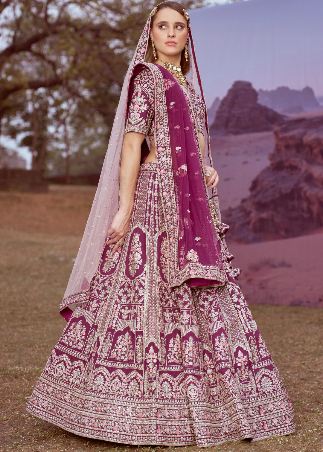 Purple Pure silk Moti, Sequins embroidery Bridal Lehenga