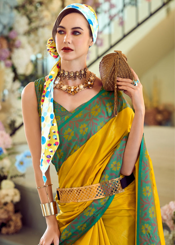 Aureolin Yellow Soft Silk Saree With Ikkat Border