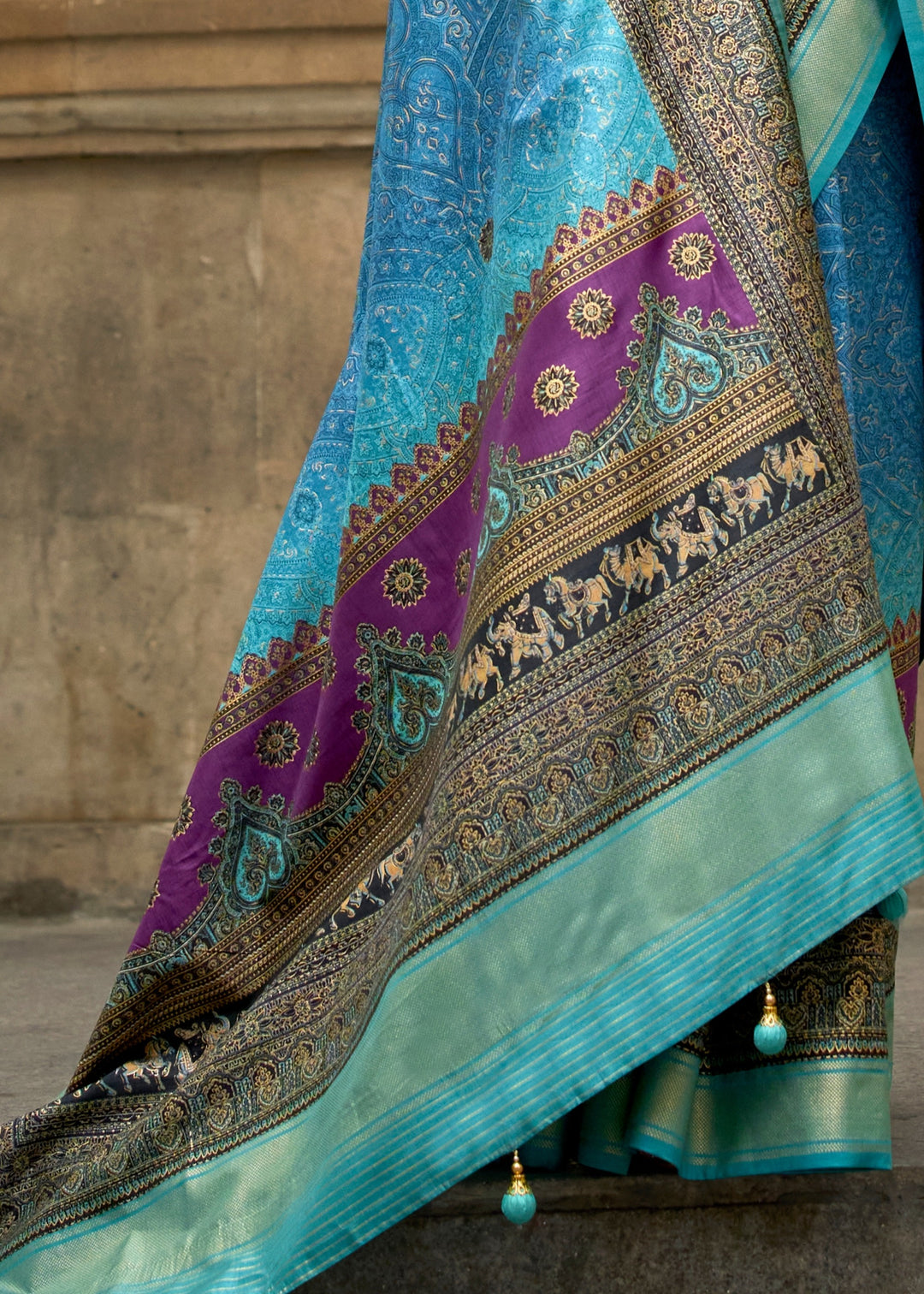 Light Blue Poly Viscose Silk Saree With Foil Print