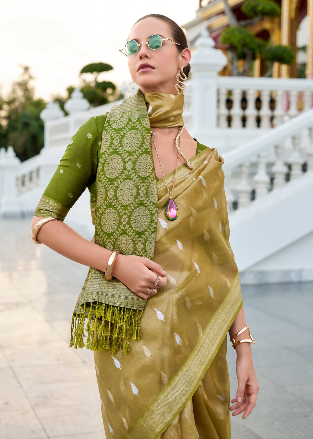 Mehendi Green Tissue Silk Saree With Zari Weaving And Contrast Blouse