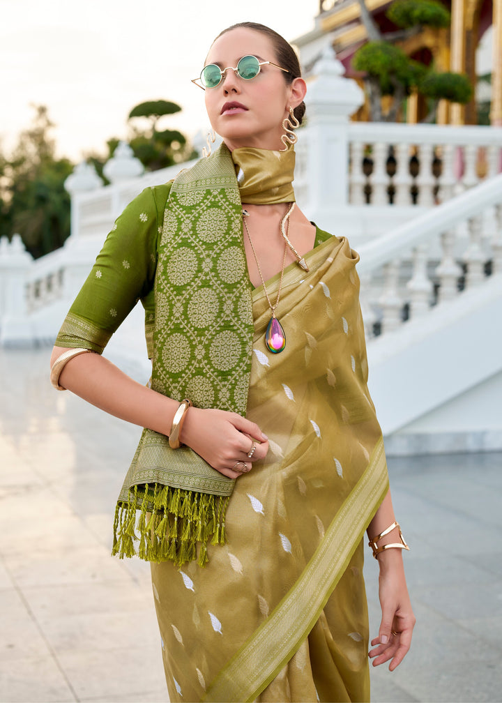 Mehendi Green Tissue Silk Saree With Zari Weaving And Contrast Blouse