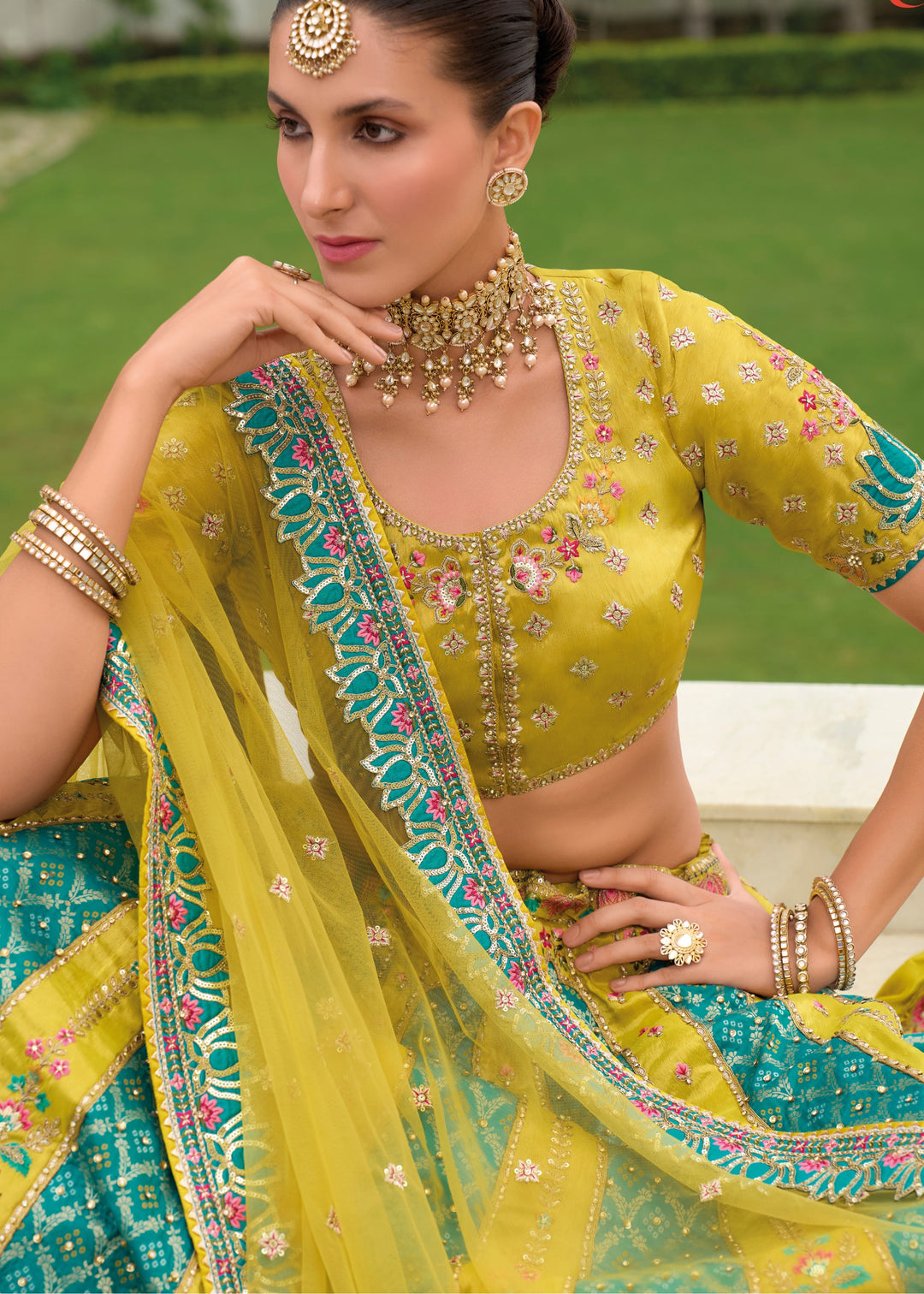 Pear Green Banarasi Silk Lehenga With Heavy Embroidery Work