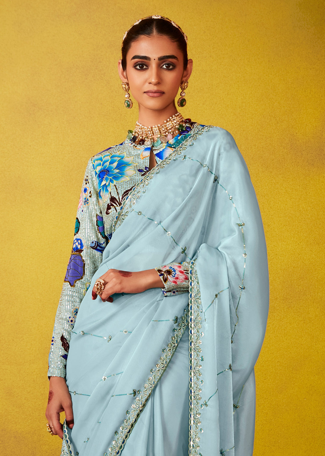 Arctic Blue Glass Tissue Silk Saree With Sequins And Thread Embroidered Work