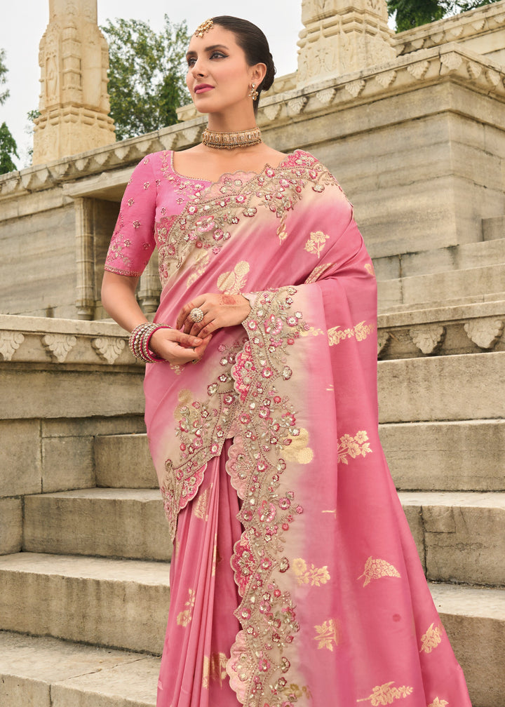 Blush Pink Viscose Tissue Silk Saree With Embroidery Cut Work Border And Sequence Work