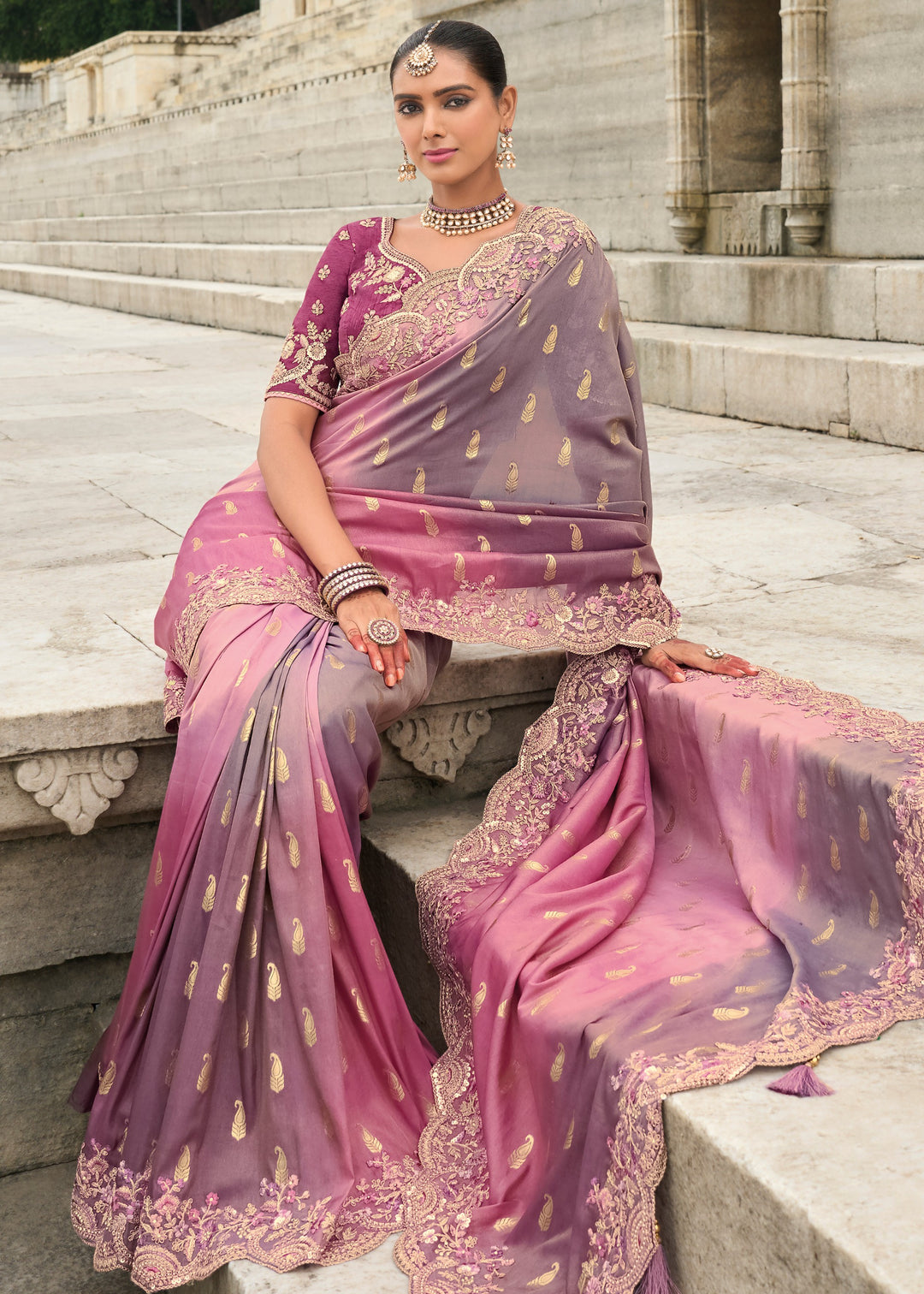 Mauve Purple And Pink Viscose Tissue Silk Saree With Embroidery Cut Work Border And Sequence Work