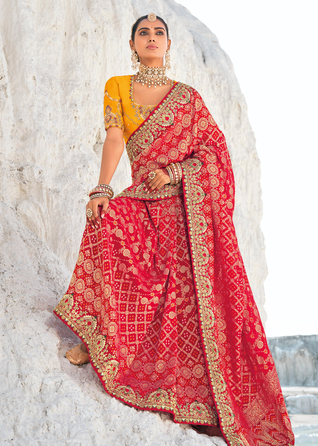 Hot Red Pure Georgette Bandhani Patola With Zari Weaving Heavy Work Saree