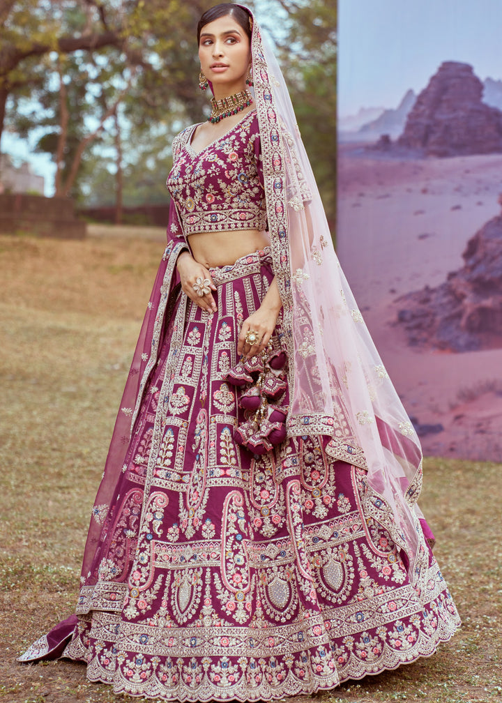 Purple Pure silk Moti, Coding embroidery Bridal Lehenga