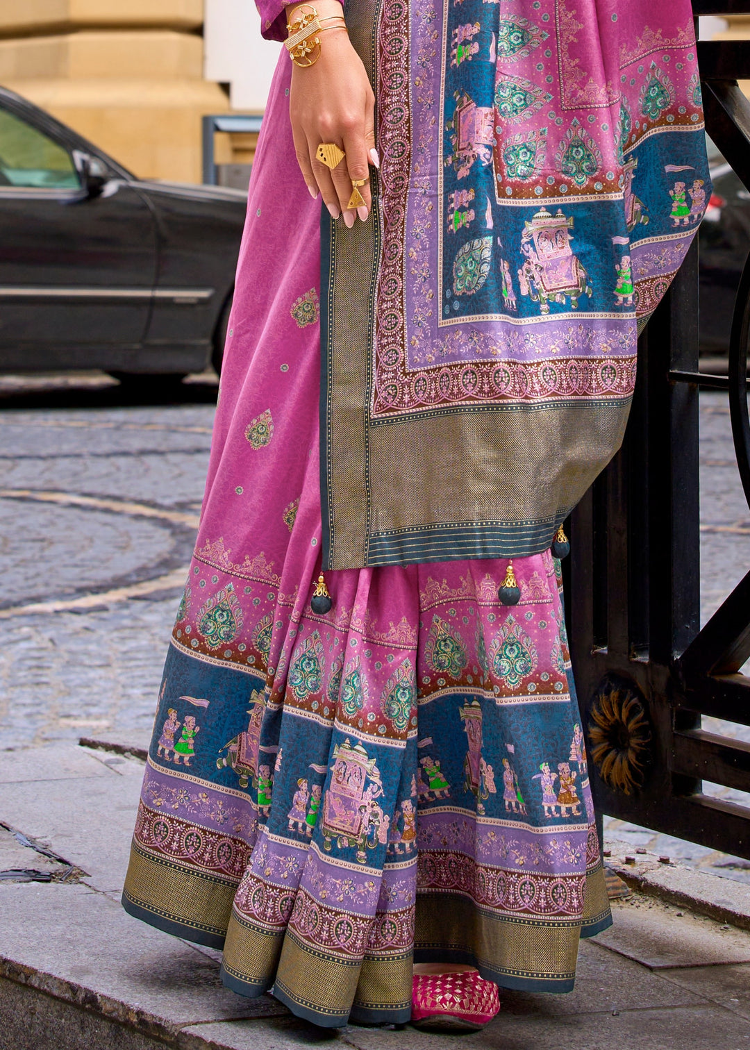 Shocking Pink Poly Viscose Silk Saree With Foil Print