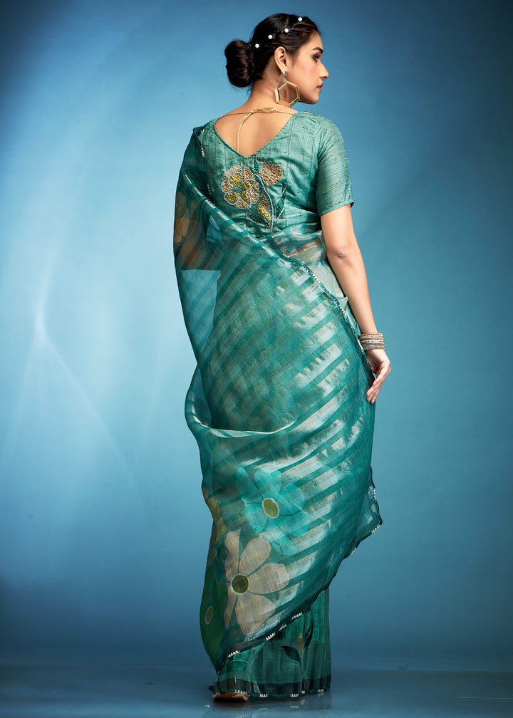 Jade Green Tissue Silk Saree With Floral Print