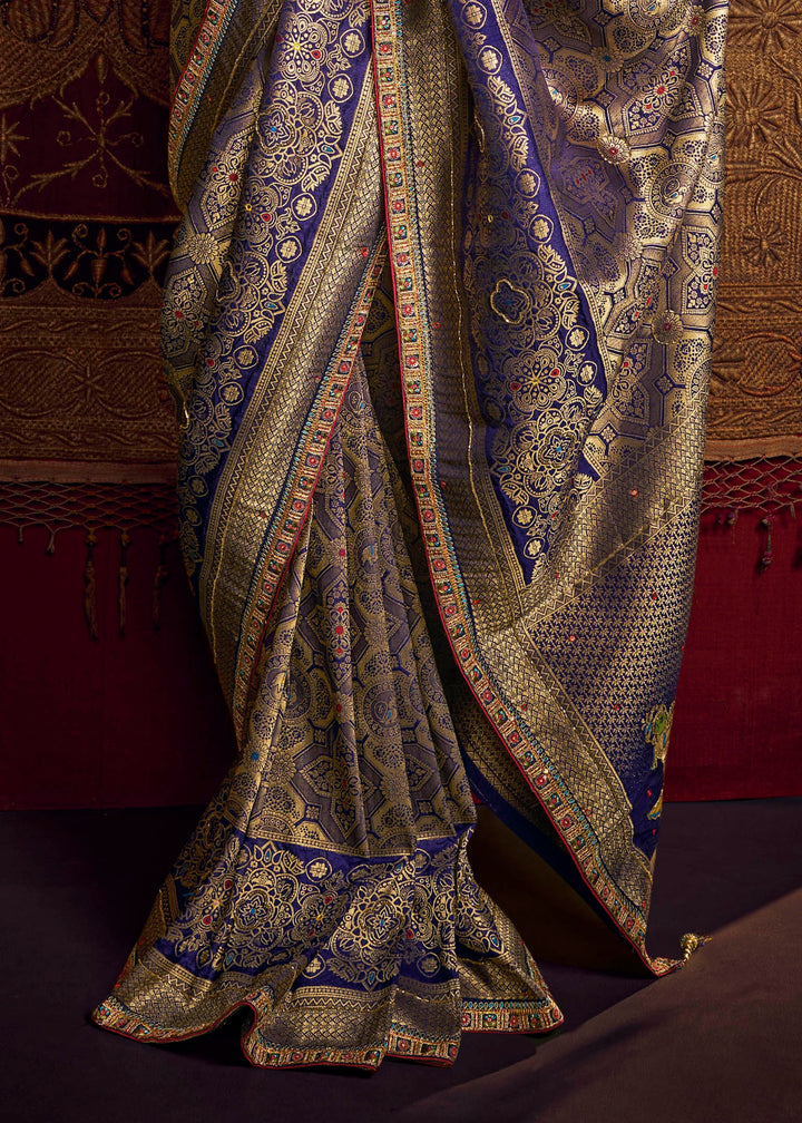 Royal Blue Pure Viscose Dola Silk Saree With Handwork On Blouse And Pallu