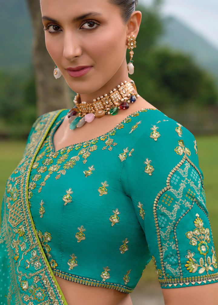 Teal Blue Banarasi Silk Lehenga With Heavy Embroidery Work