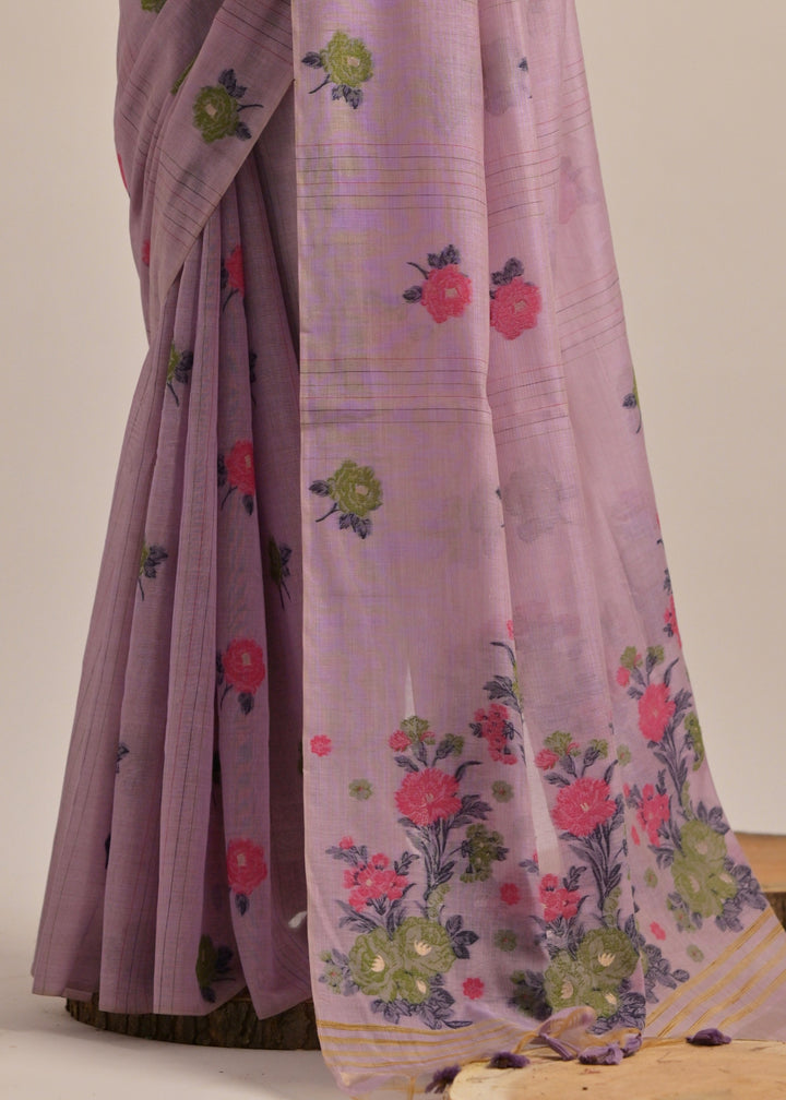 Thistle Purple Thread Woven Cotton Saree With Contrast Blouse