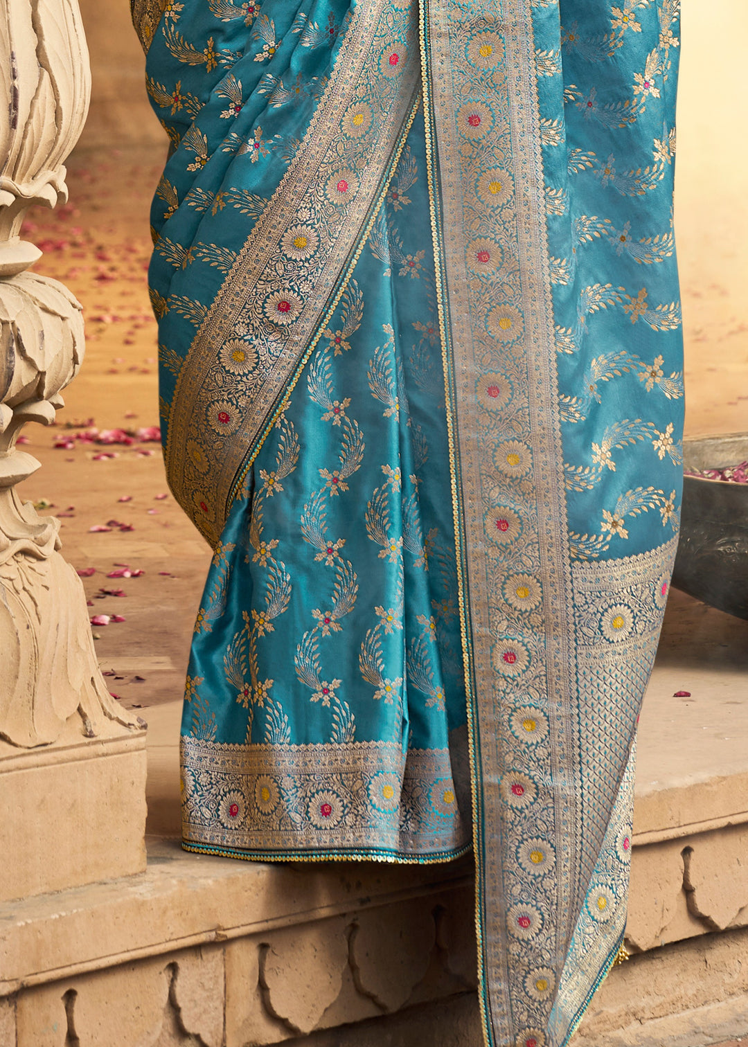 Capri Blue Satin Silk Saree With Beautiful Lace Border And Heavy Designer Embroidered Blouse