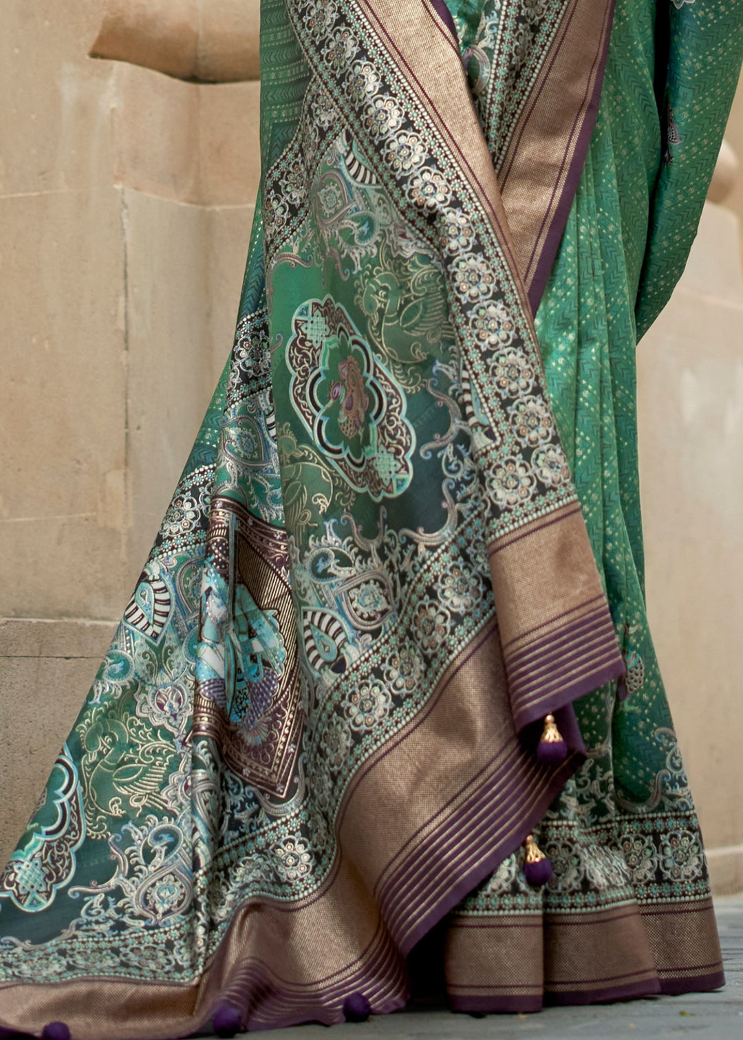 Jade Green Poly Viscose Silk Saree With Foil Print