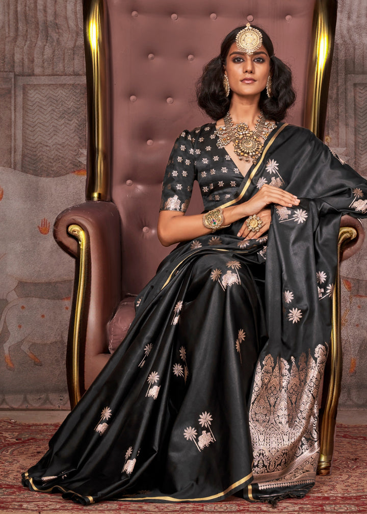 Black Pure Satin Handloom Weaving Silk Saree