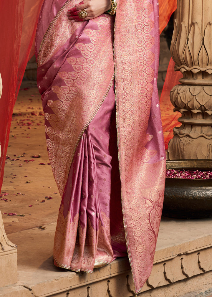 Fuchsia Pink Satin Silk Saree With Beautiful Lace Border And Heavy Designer Embroidered Blouse