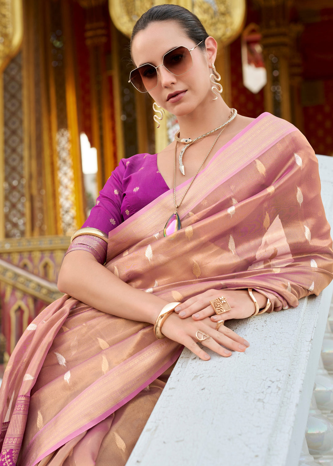 Shades of Pink Tissue Silk Saree With Zari Weaving And Contrast Blouse