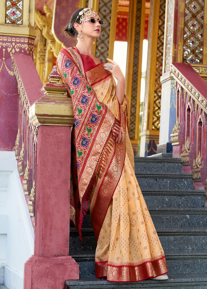 Cream Tusser Handloom Silk Saree With Zari Weaving Border & Patola Weaved Pallu