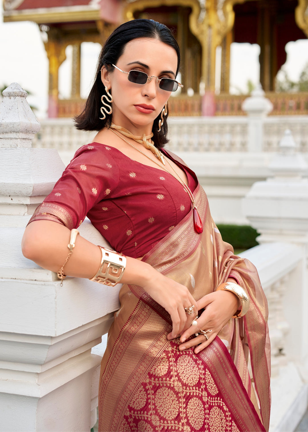 Shades of Red Tissue Silk Saree With Zari Weaving And Contrast Blouse