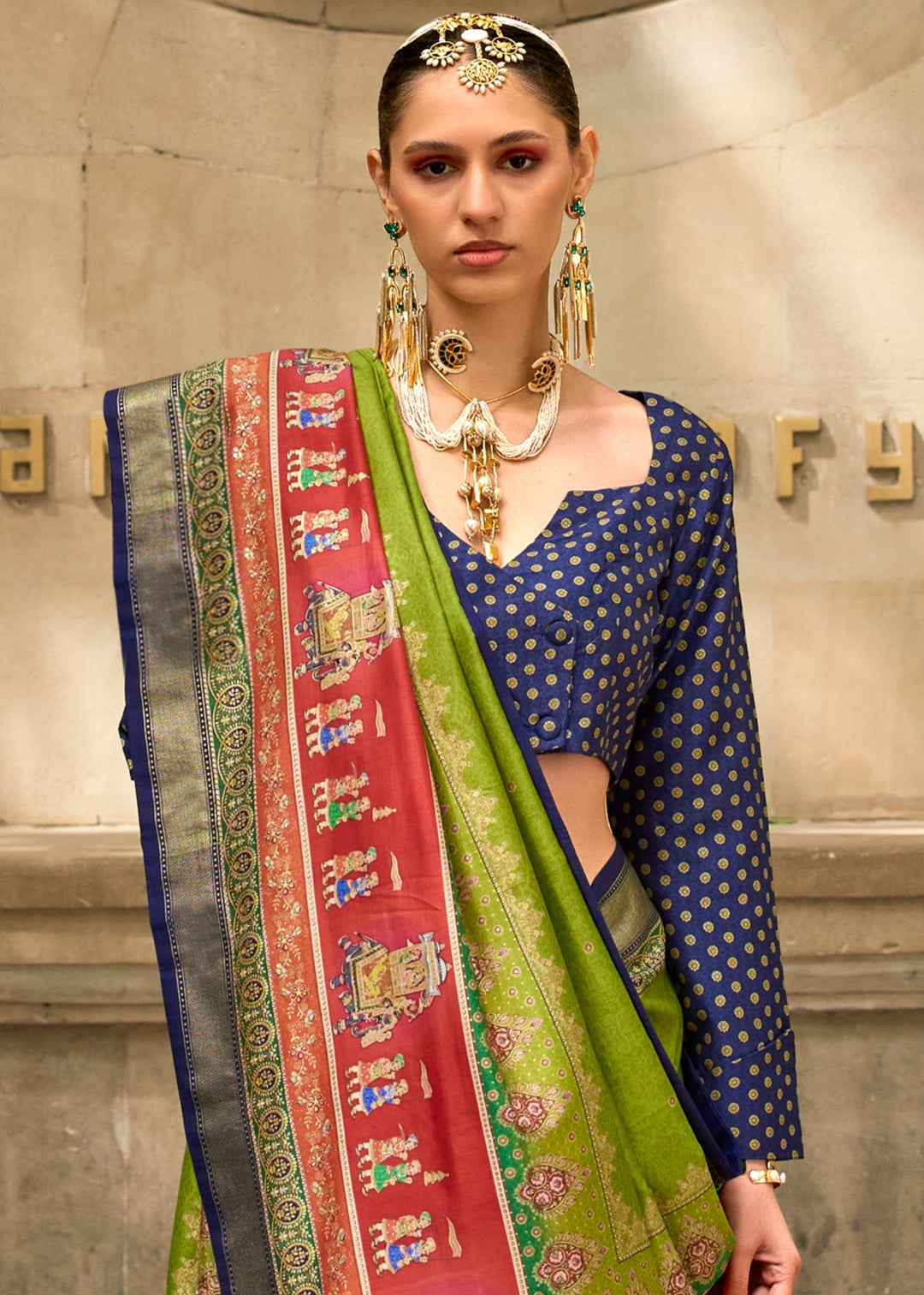 Chartreuse Green Poly Viscose Silk Saree With Foil Print