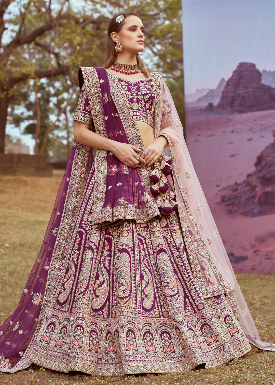 Purple Pure Silk Moti Coding Embroidery Bridal Lehenga