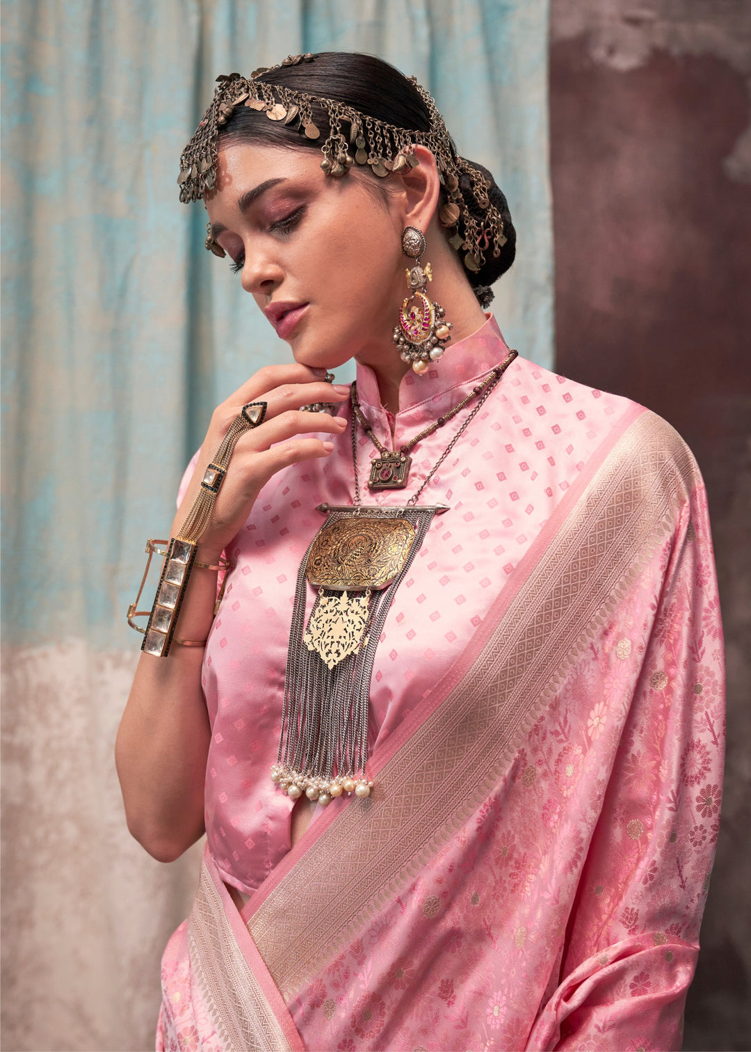 Baby Pink Pure Satin Handloom Weaving Silk Sarees