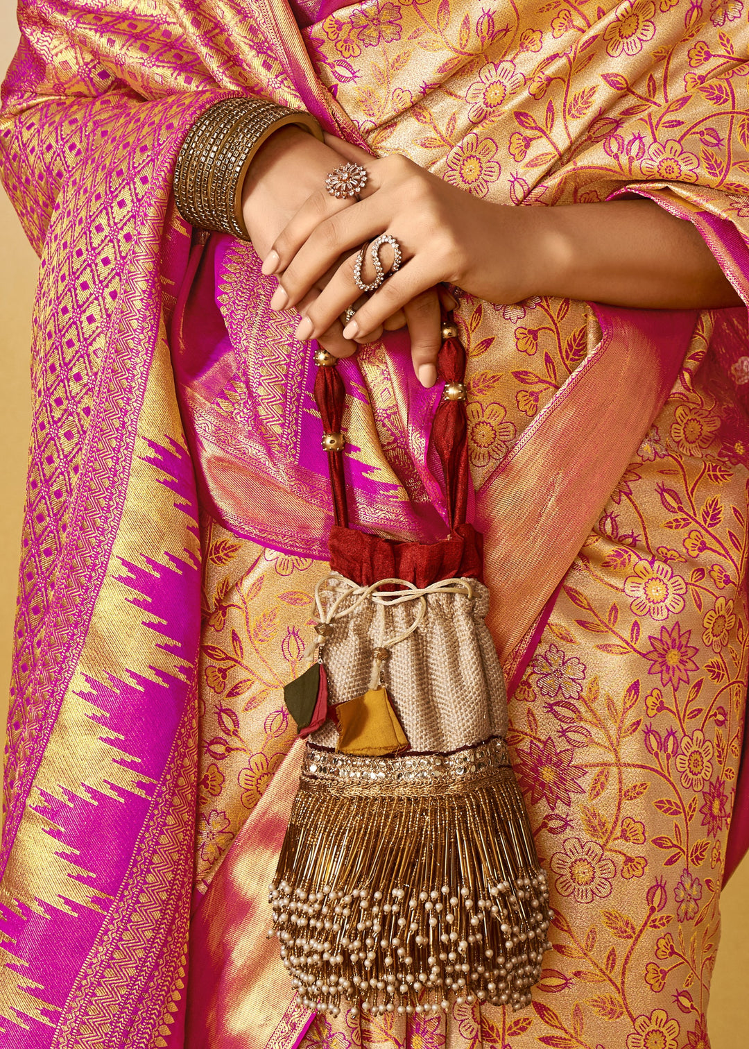 Yellow and Pink Handloom Dharamavaram Silk Saree