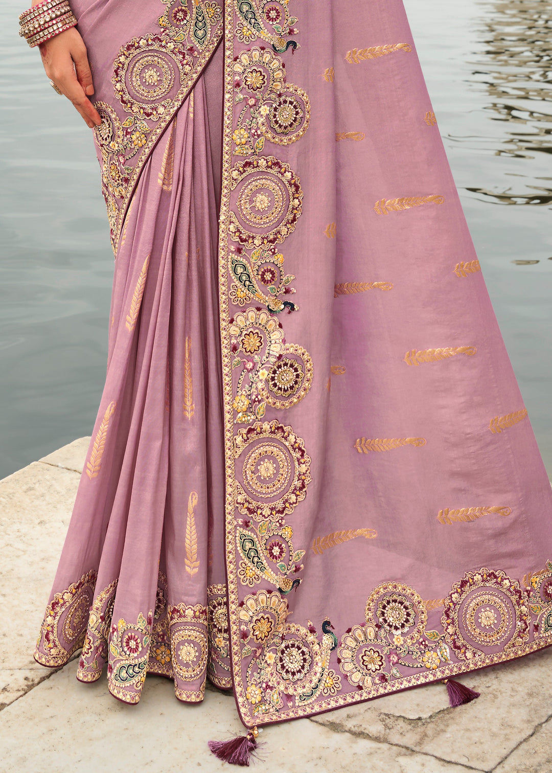 Lilac Purple Viscose Tissue Silk Saree With Embroidery Cut Work Border And Sequence Work